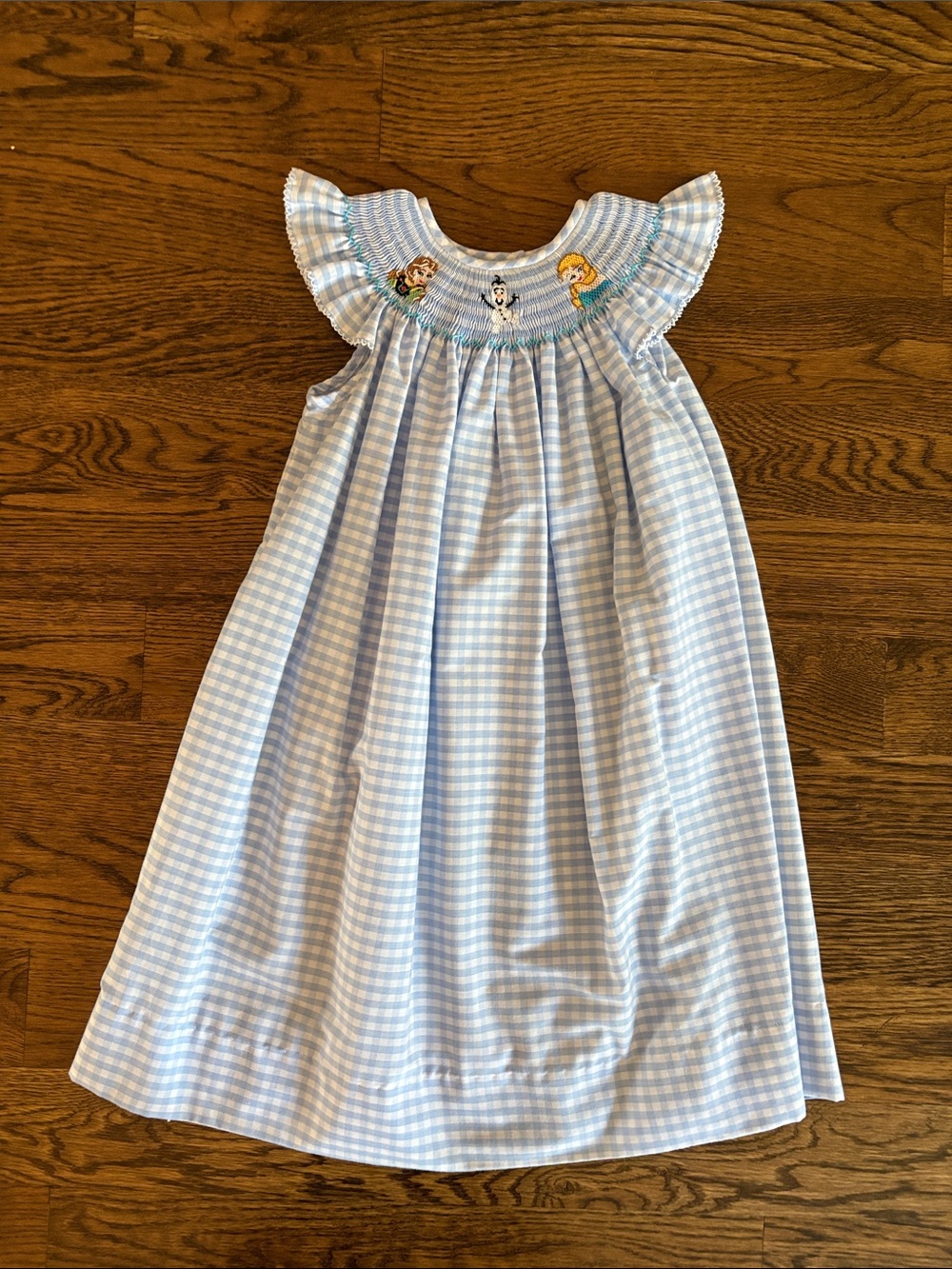 Hand-Smocked Light Blue Gingham Girls Frozen Bishop Dress with Flutter Sleeves